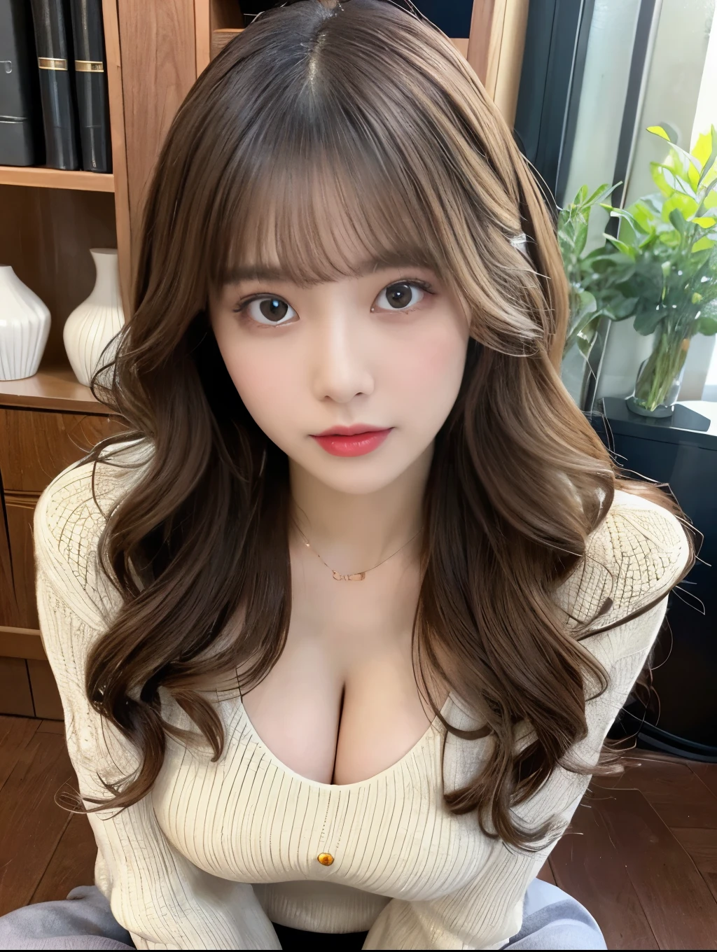 Photorealistic、Masterpiece、Highest quality、98k、One woman、Full Body Shot、Perfect Anatomy、Detailed and perfect eye、Evenly balanced beautiful eyes、Cute face、Fair skin、Wavy long hair、Random Hairstyles、、Perfect body、Pleated leeveless knitwear、Exposing cleavage、Visible up to the legs