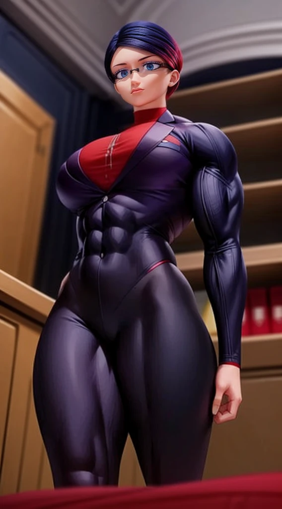 a muscular female bodybuilder in (( red bra inside (office suit) and her hair is (gradient of dark blue and red) from end to the right side of head)), detailed face, beautiful detailed eyes, beautiful detailed lips, ((extremely detailed face and muscles)), long eyelashes, strong muscles bulging through suit, dynamic pose, professional studio lighting, hyperrealistic, 8k, high quality, photorealistic, physically-based rendering, concept art, dramatic color palette,((abs)).