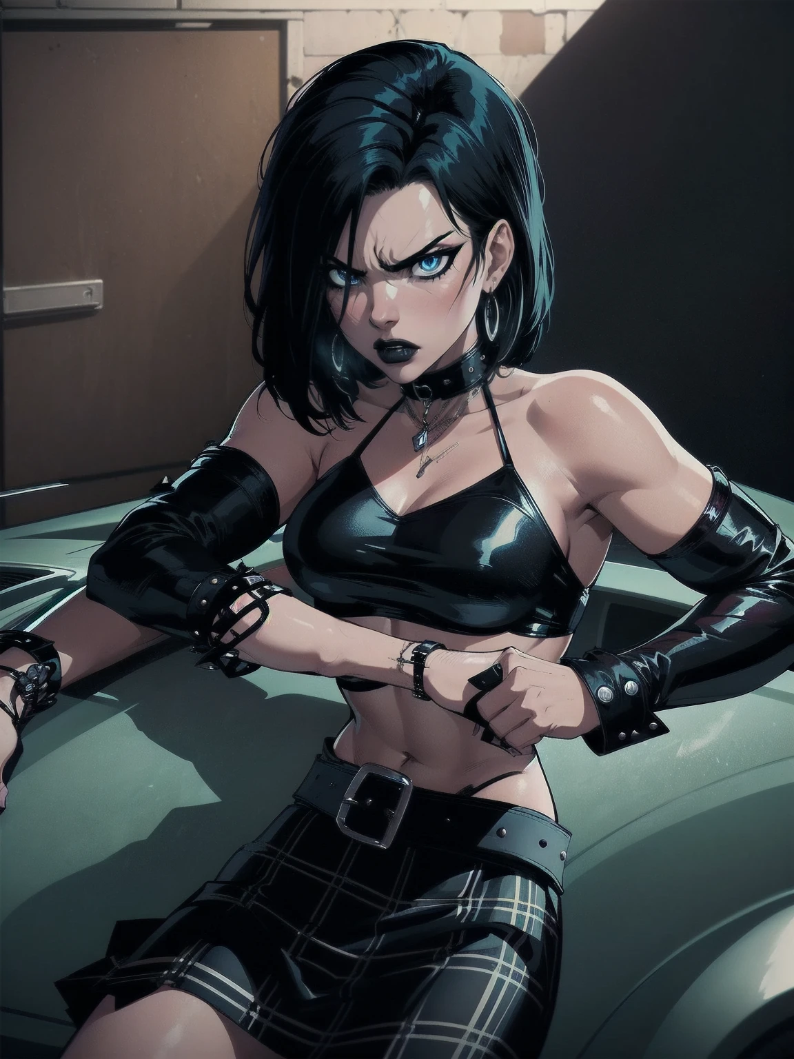 a woman with medium black hair, hair on shoulders,  wearing plaid skirt, black jacket,  blue eyes, gothic art, cute aesthetic with vibe, toon aesthetic, wearing gothic accessories, look like Cassie Hack, upper body, angry,  sitting on the car, garage background, dinamic poses