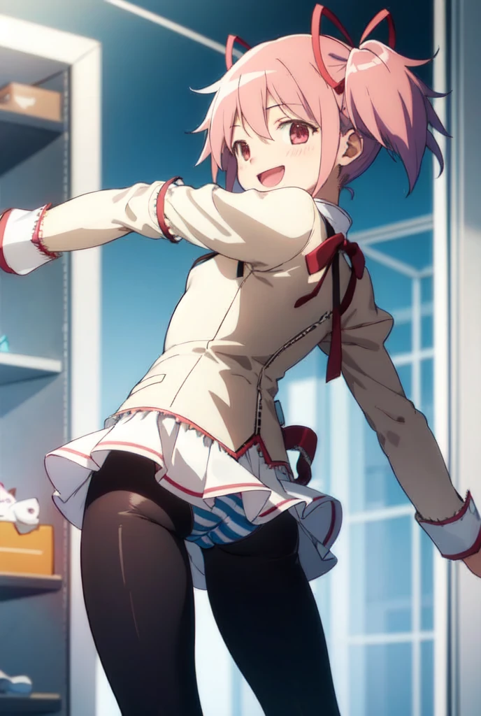1girl, madoka, happy, , short hair, white thighhigh,no_pants,panties,blue_striped_panties,bowleg