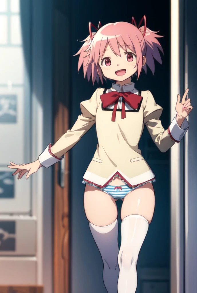 1girl, madoka, happy, , short hair, white thighhigh,no_pants,panties,blue_striped_panties,bowleg