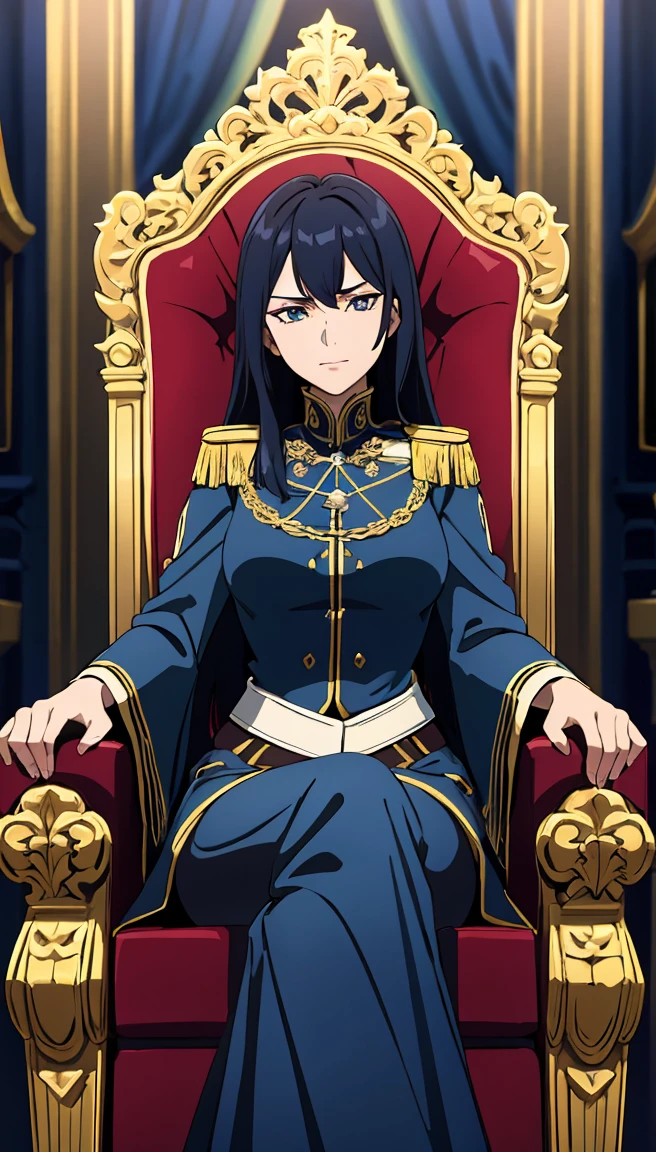 a beautiful and seductive woman with the face of the reference image, sitting on an ornate throne chair, wearing a Prusian blue military uniform, details on clothing in highly detailed aquamarine color, 8K, Masterpiece artwork, cinematic lighting, dramatic pose, Bright dark, details Intricate, rich colors , chic, majestic, arrogant look from top to bottom, mighty, age between 30 and 40 years, don&#39;t wear a skirt, wears pants