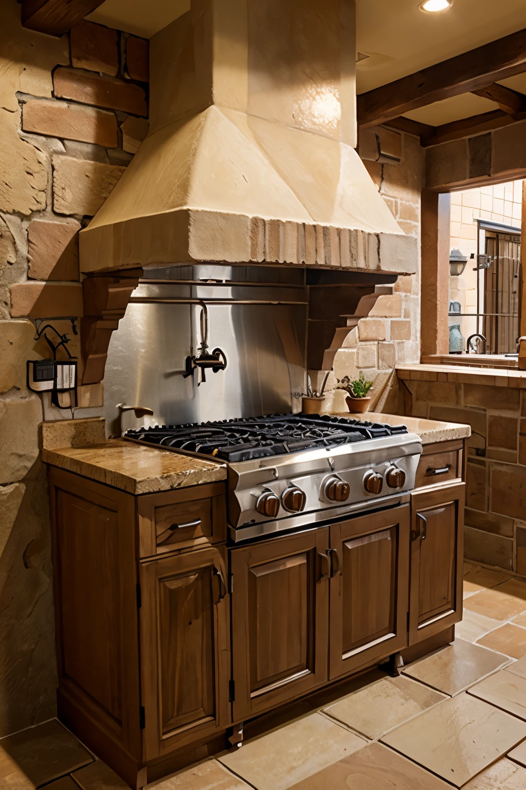 Refractory brick grill with sink and hood, Mediterranean rustic style