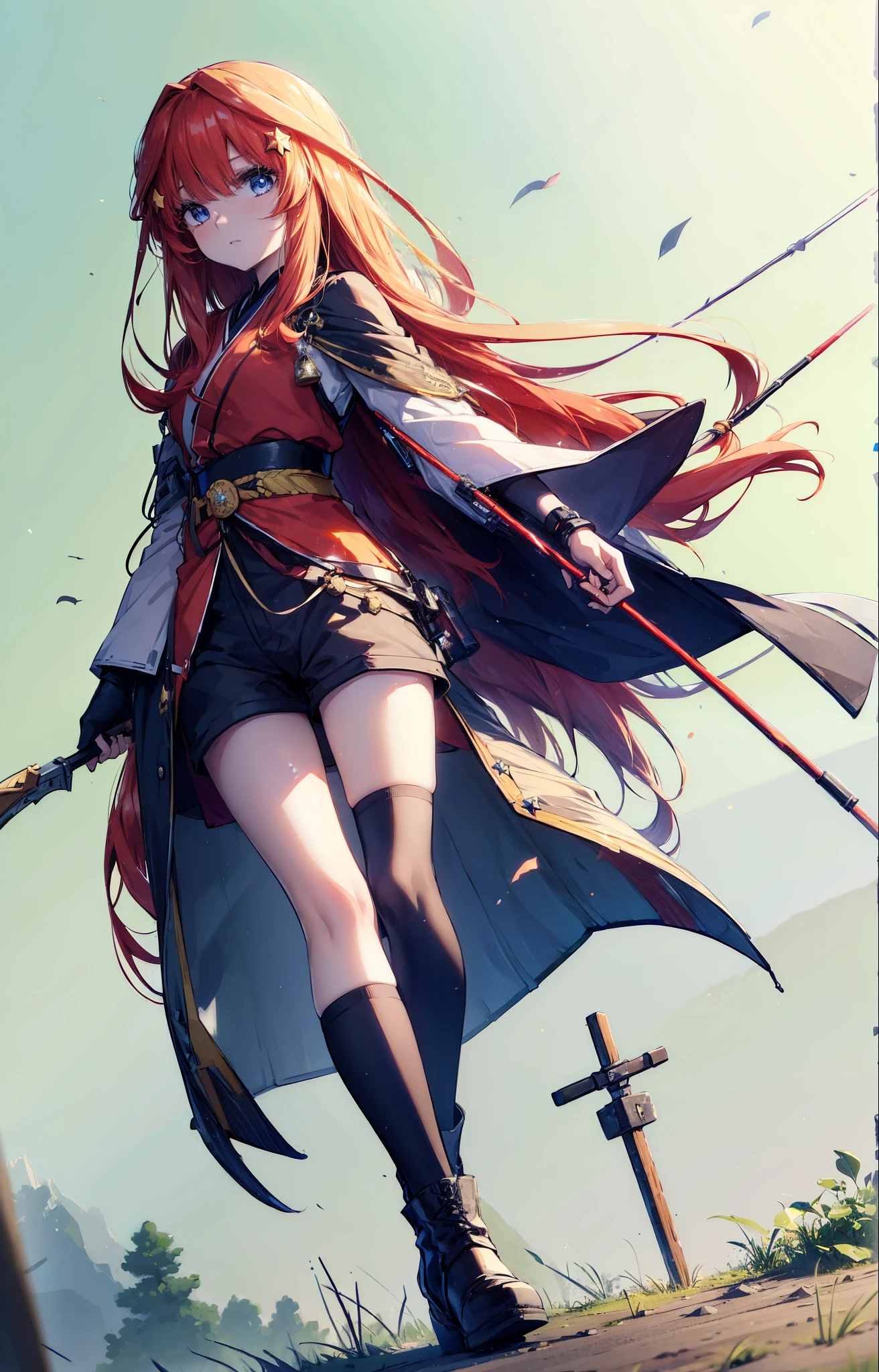 itsukinakano, itsuki nakano, bangs, blue eyes, Hair between the eyes, Redhead, star \(symbol\), hair ornaments, star hair ornaments,Long Hair,Owns an archery grip in the right hand,Carrying an archery bag,He has a quiver on one side, boots, Cape,gloves, red Knee socks, High heels, Shorts, Knee socks,whole bodyがイラストの中に入っていくように,歩いている
break outdoors, forest,forest林, break looking at viewer,whole body,
break (masterpiece:1.2), Highest quality, High resolution, unity 8k wallpaper, (shape:0.8), (Fine and beautiful eyes:1.6), Highly detailed face, Perfect lighting, Highly detailed CG, (Perfect hands, Perfect Anatomy),
