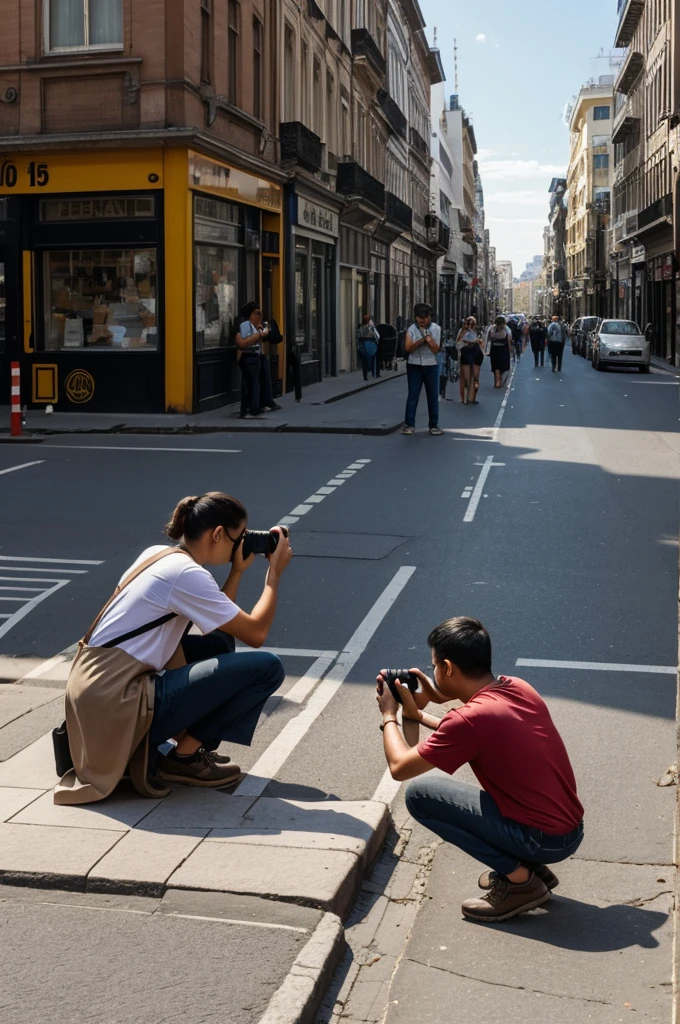 Many people taking photos of someone working on the street