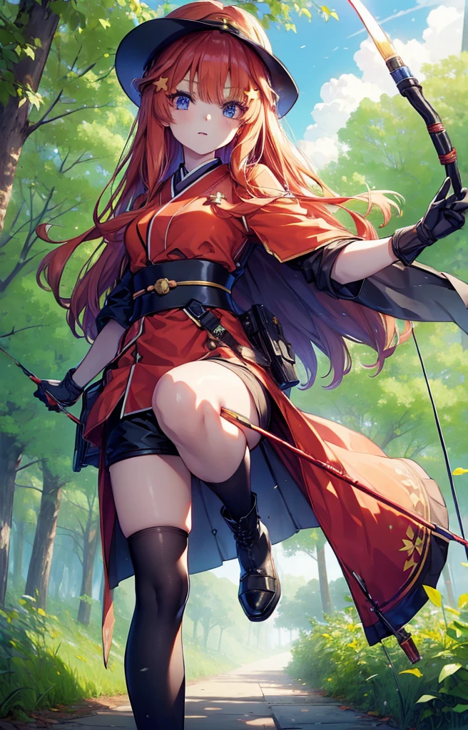 itsukinakano, itsuki nakano, bangs, blue eyes, Hair between the eyes, Redhead, star \(symbol\), hair ornaments, star hair ornaments,Long Hair,Owns an archery grip in the right hand,Carrying an archery bag,He has a quiver on one side, boots, Cape,gloves, red Knee socks, High heels, Shorts, Knee socks,whole bodyがイラストの中に入っていくように,歩いている
break outdoors, forest,forest林, break looking at viewer,whole body, 
break (masterpiece:1.2), Highest quality, High resolution, unity 8k wallpaper, (shape:0.8), (Fine and beautiful eyes:1.6), Highly detailed face, Perfect lighting, Highly detailed CG, (Perfect hands, Perfect Anatomy),