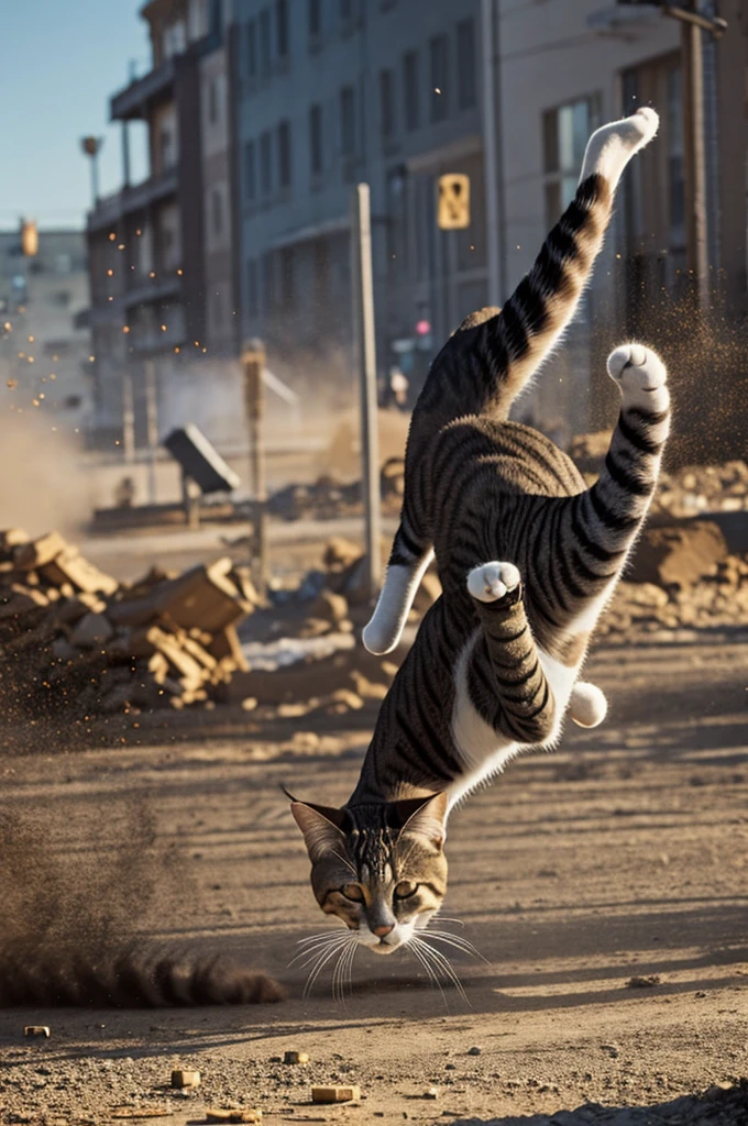 Cat doing a backflip dodging a flurry of bullets.
