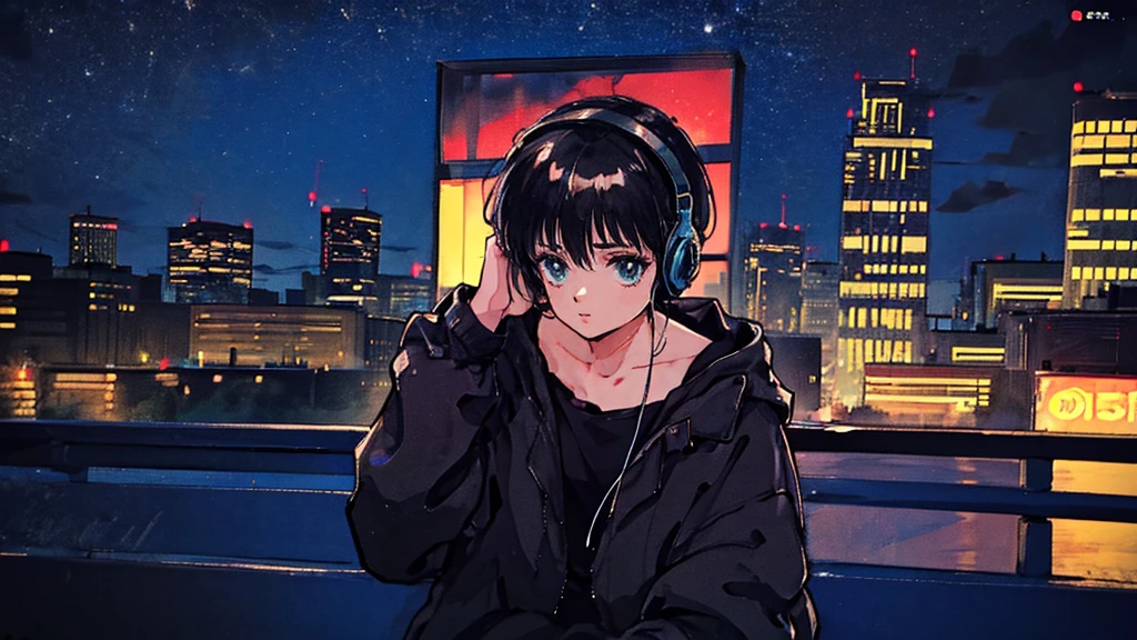 Black short Hair, Black Clothing, One Adult Woman Looking Sideways ,Blue headphones、 City of night, Delicate background、Masterpiece、Night Town、night、dark、Nostalgic、考え事をする