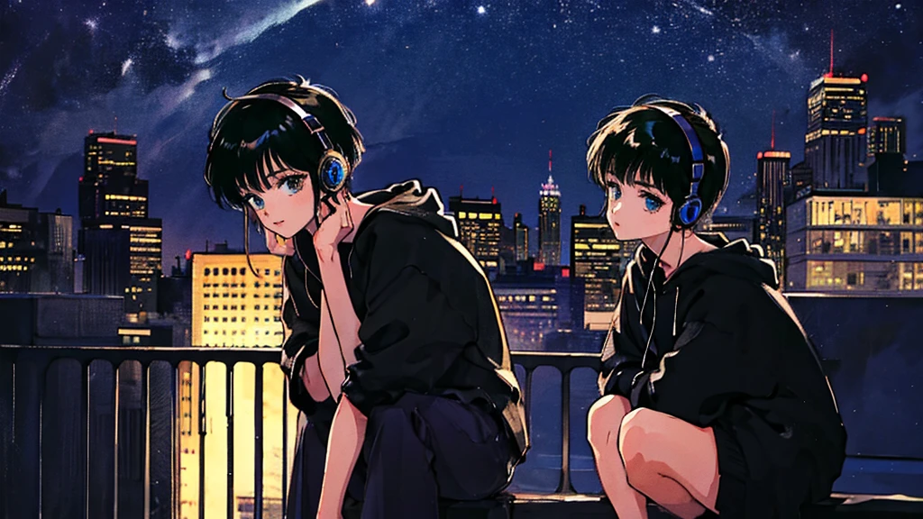 Black short Hair, Black Clothing, One Adult Woman Looking Sideways ,Blue headphones、 City of night, Delicate background、Masterpiece、night、dark、Nostalgic