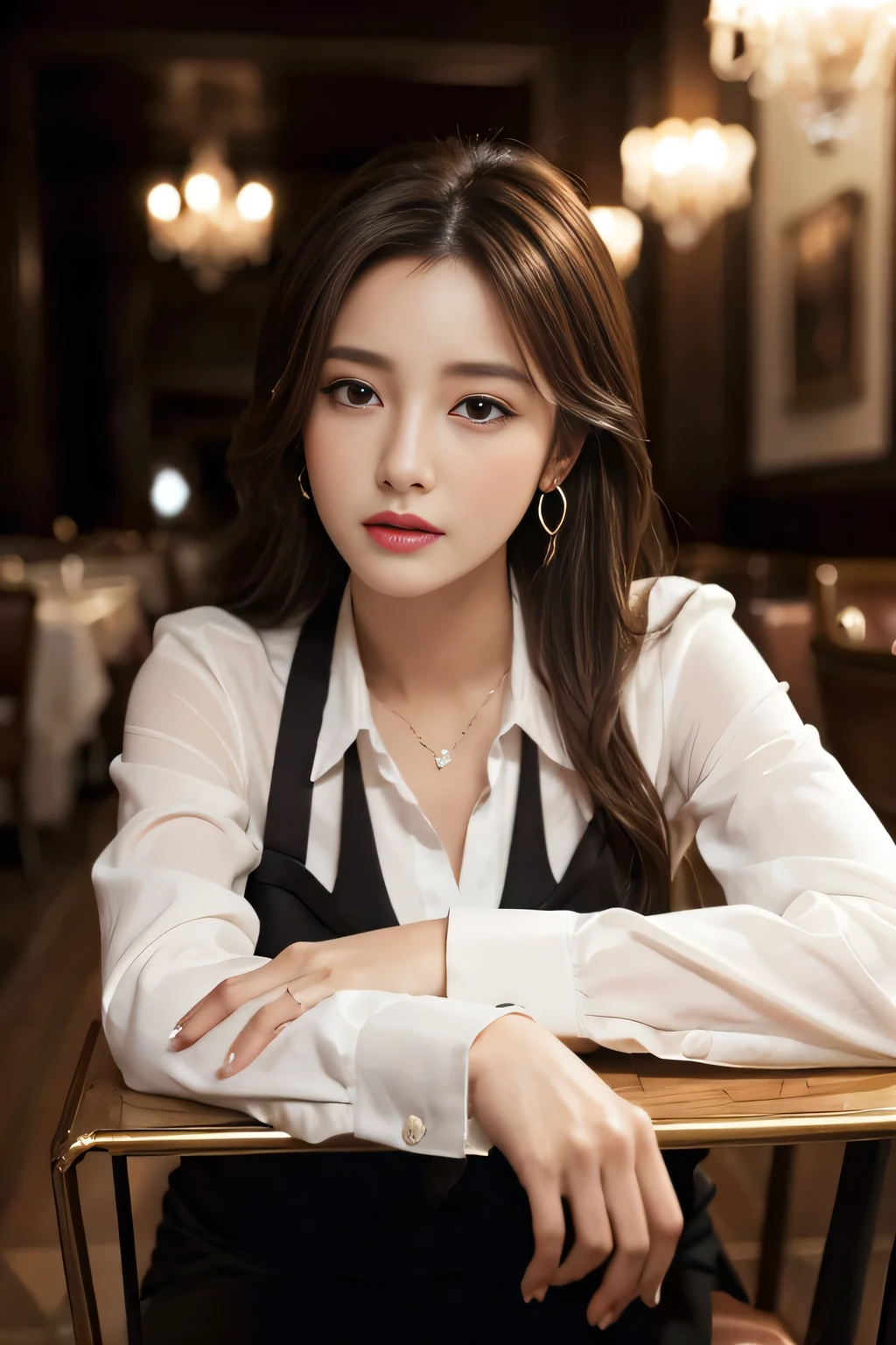 masterpiece, Highest quality, Realistic, Very detailed, Finer details, High resolution, 8k wallpaper, One beautiful woman, Wear a nice suit, In a great restaurant, At night, Light brown messy hair, Perfect dynamic composition, Beautiful and beautiful eyes、Big earrings、Sit on a chair、