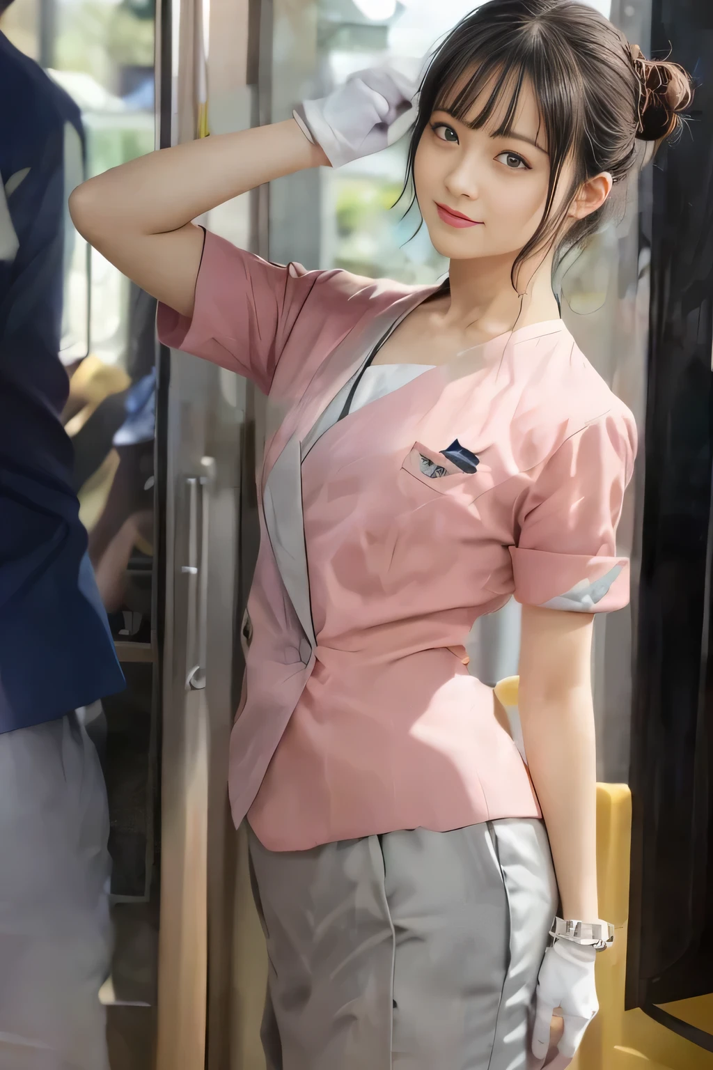 (masterpiece:1.2, Highest quality:1.2), 32k HDR, High resolution, (alone、1 girl)、 (Height: 160cm)、（On the rooftop of a building in the daytime、Professional Lighting）、Building rooftop background、（Nankai train crew uniform pinkを着たリアルスタイル）、（Nankai train crew uniform pink short sleeve collarless pink jacket、Nankai Train Crew Uniform Pink Collarless Short Sleeve Blouse、Nankai Train Crew Uniform Pink Grey Knee-length Culottes）、（The pink jacket is showing from the culottes.）、Dark brown hair、（Hair tied up、Hair tied up、Evening curly hairstyle）、Dark brown hair、Long Shot、Big Breasts、Thin legs、（（Great hands：2.0）），（（Harmonious body proportions：1.5）），（（Normal limbs：2.0）），（（Normal finger：2.0）），（（Delicate eyes：2.0）），（（Normal eyes：2.0））)、smile、（Nankai Train Crew Uniform Pink Grey Knee-length Culottesを見せた美しい歩く姿）、Place your hands around your stomach、Lanyard employee ID card