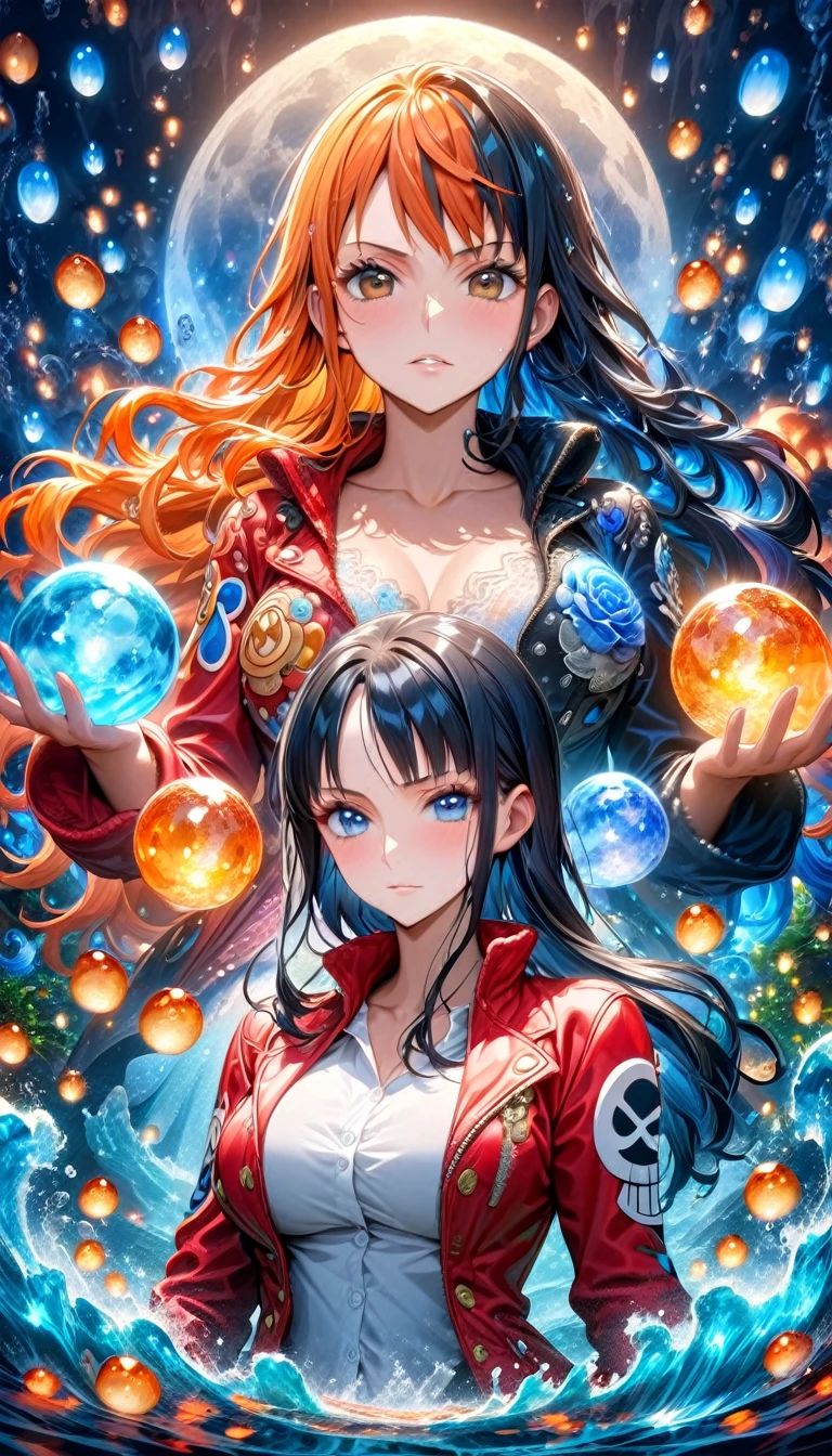 absurdres, highres, ultra detailed, HDR, masterpiece, Nico Robin, black long hair, expressive blue eyes, One Piece, Nami, long orange hair, expressive brown eyes, two women together, beautiful, black jacket, red jacket, white shirt, magical, fantasy, water, blue moon, starry, blue fireflies, blue flowers