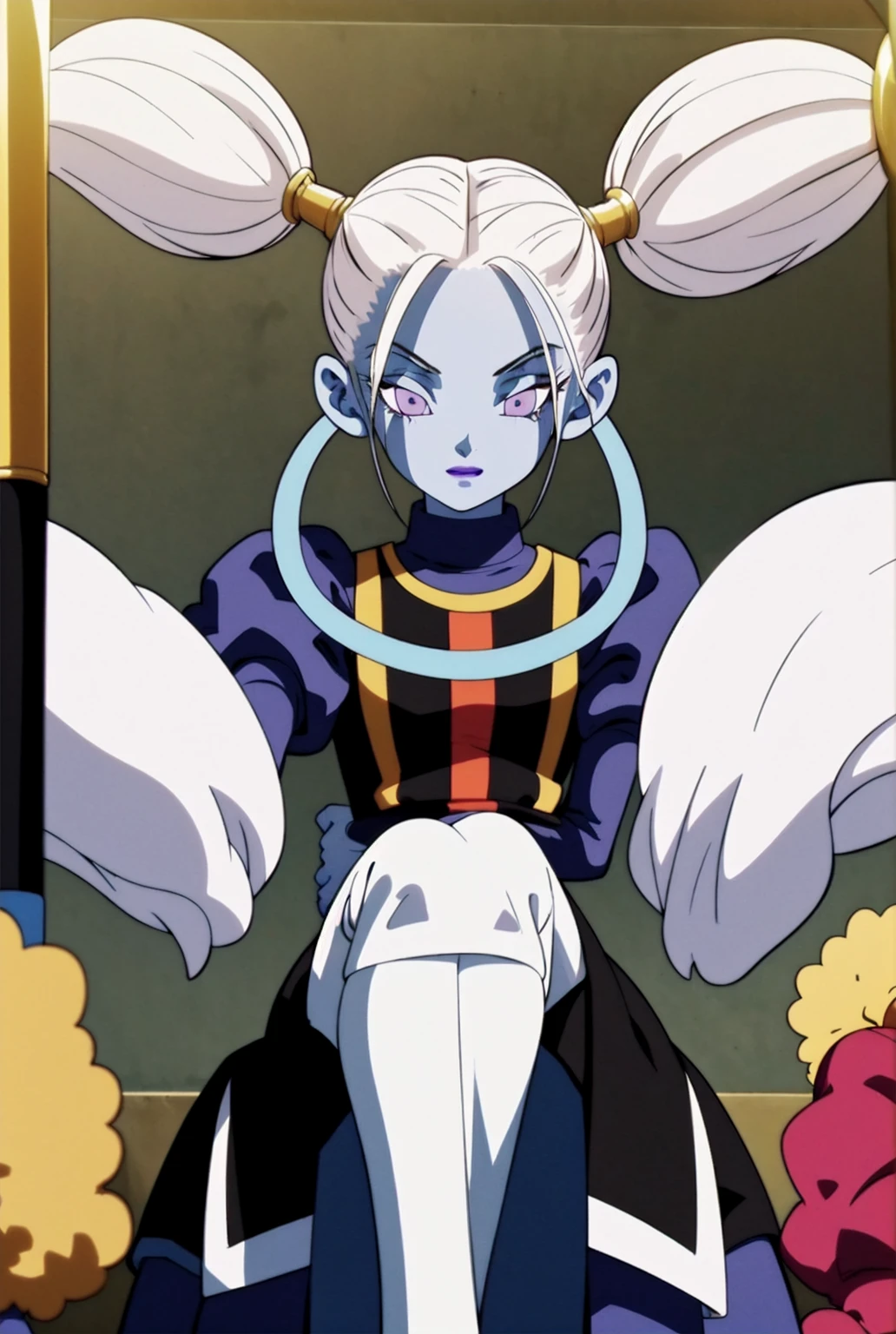 (masterpiece, best quality), 1girl, marcarita, 1girl, solo, blue skin, white hair, hair tied like a pigtail, short white dress, purple eyes, dinamic poses