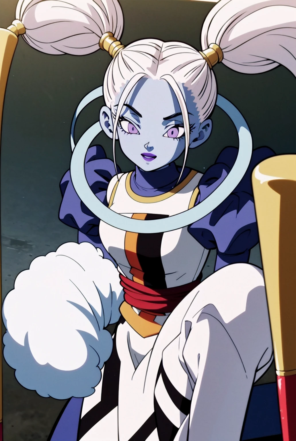(masterpiece, best quality), 1girl, marcarita, 1girl, solo, blue skin, white hair, hair tied like a pigtail, short white dress, purple eyes, dinamic poses