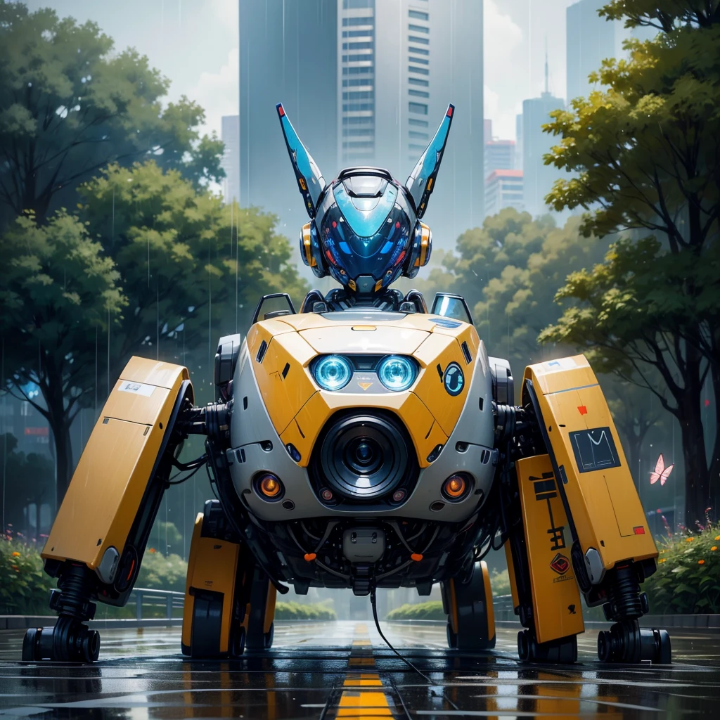 Oil painting of a robot sitting in the rain with a butterfly flying above, cute robot, 8k hd wallpaper digital art, robot painting a robot on canvas, 4k highly detailed digital art, 4 k hd illustrative wallpaper, 4 k hd wallpaper very detailed, robot art cracking the road, cute elaborate epic robot, hd wallpaper, beautiful digital artwork, very cute robot zen