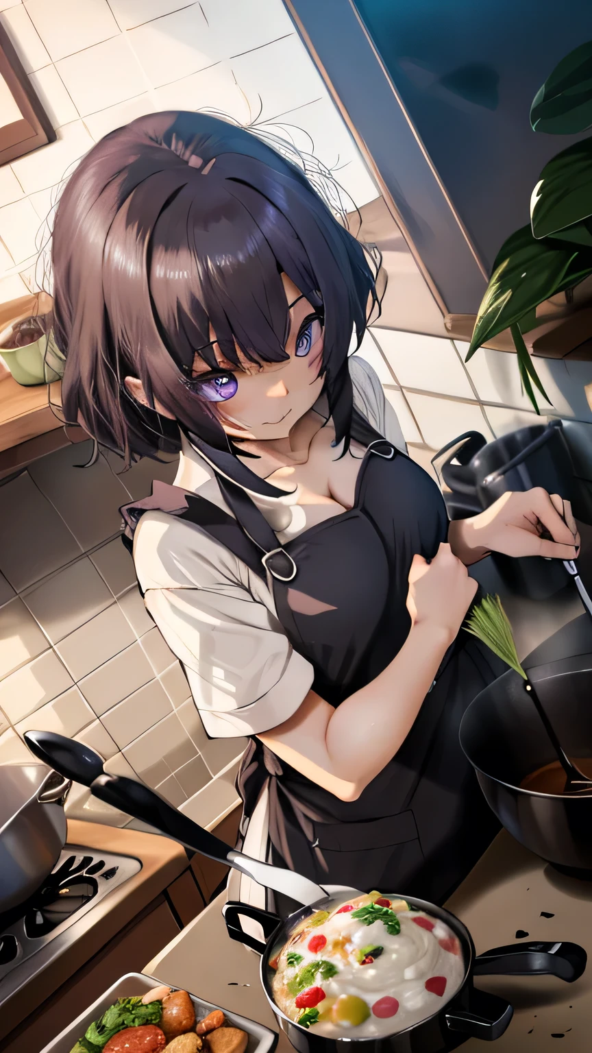 Very detailed CG Unity 8K wallpaper),(masterpiece), (Highest quality), (Very detailed), (Best illustrations),(Best Shadow), Dynamism,functional,sensuous,,Purple eyes and purple hair,Large Breasts　Beautiful Eyes　Nude《Wear only an apron》　Cooking in the kitchen　Angle from above