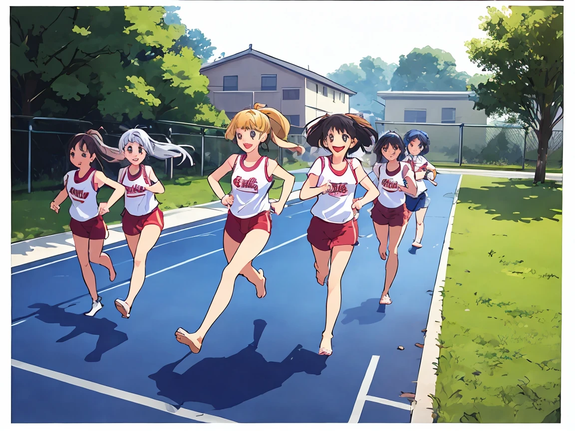 Highest quality,1990s anime style illustration,barefoot,Multiple Girls,Girls in gym clothes、Stand in line、Running in the schoolyard,All the girls are barefoot,The girls were sweating、I&#39;ll run for my life,White T-shirt and blue shorts,Several girls run side by side,Multiple Girlsたちを、Line up in a straight line、Let it run,running,The girls are out of breath、It&#39;s a tired look,