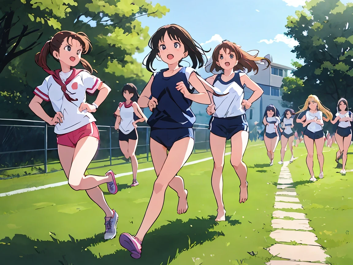 Highest quality,1990s anime style illustration,barefoot,Multiple Girls,Girls in gym clothes、Stand in line、Running in the schoolyard,All the girls are barefoot,The girls were sweating、I&#39;ll run for my life,White T-shirt and blue shorts,Several girls run side by side,Multiple Girlsたちを、Line up in a straight line、Let it run,running,The girls are out of breath、It&#39;s a tired look,