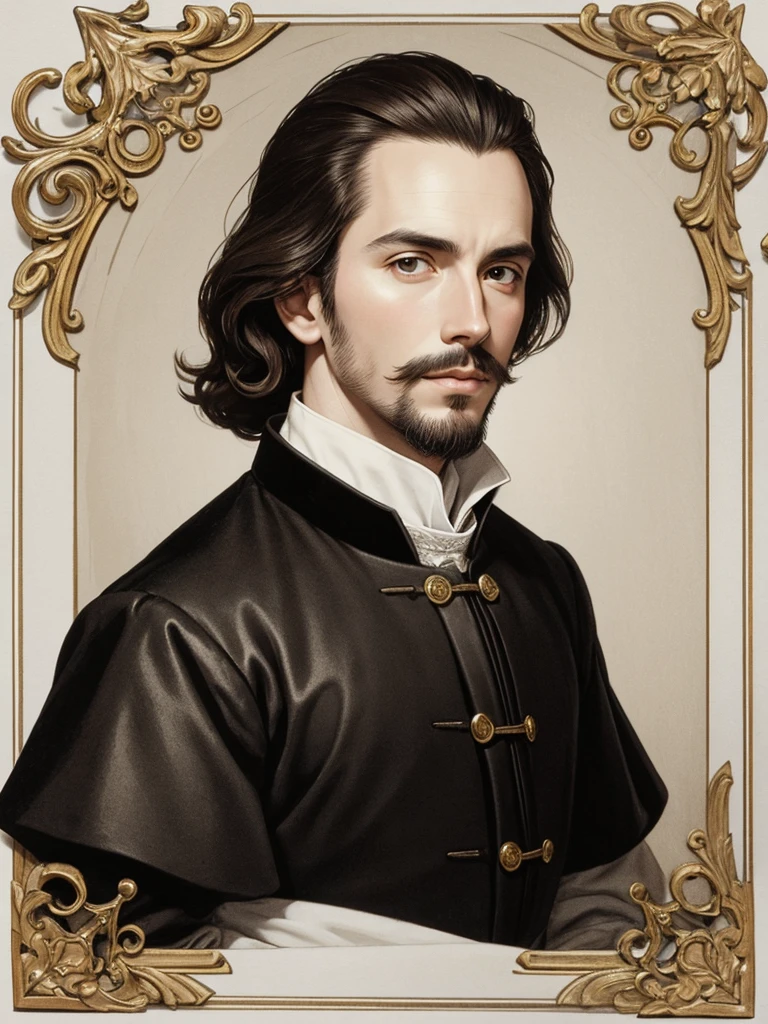 Christopher Marlowe, young, white skin, piercing eyes, brown hair, shoulder-length, combed back, refined features, sharp jawline, clean shaved facial hair, dignified posture, Elizabethan black velvet jacket, golden ornament, white laces, bare white neck, in a detailed ink wash illustration, sepia tones, on aged parchment paper background, without frame, realistic, portrait