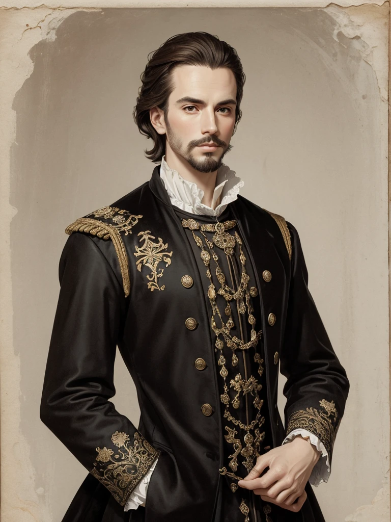 Christopher Marlowe, young, white skin, piercing eyes, brown hair, shoulder-length, combed back, refined features, sharp jawline, clean shaved facial hair, dignified posture, Elizabethan black velvet jacket, golden ornament, white laces, bare white neck, in a detailed ink wash illustration, sepia tones, on aged parchment paper background, without frame, realistic, portrait