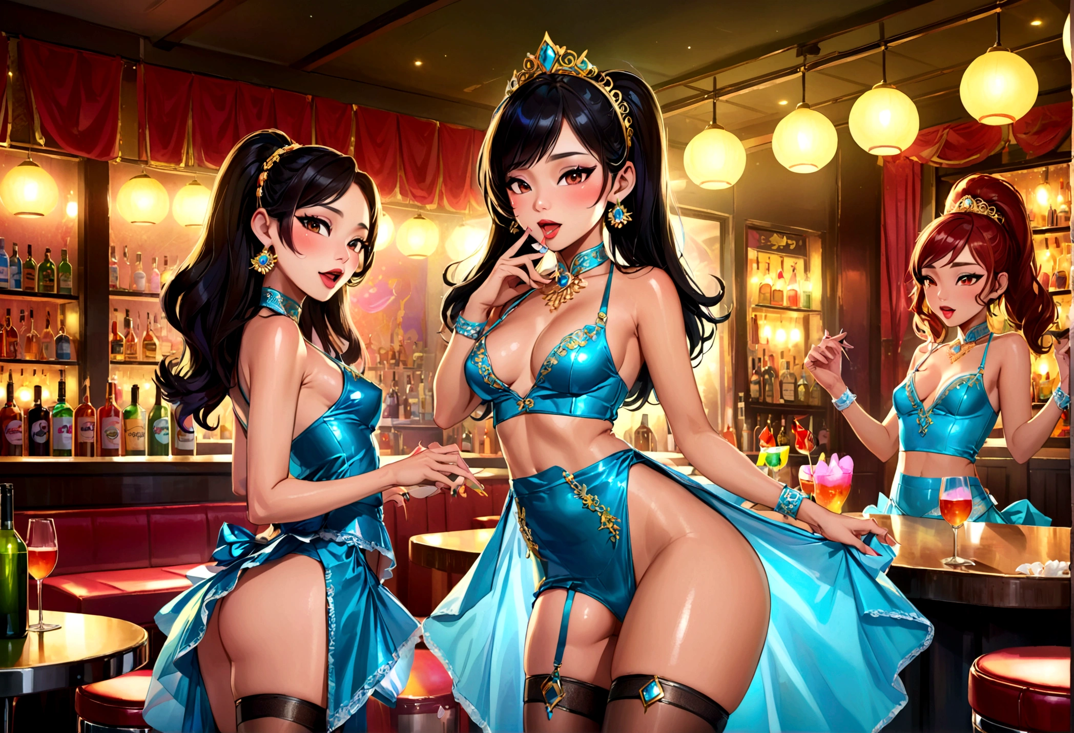 A girl band is performing in a Thai ladyboy bar, they are in Scandalous sexy outfits. Sexy ladyboy waitresses take care of the excited crowd. party hardy