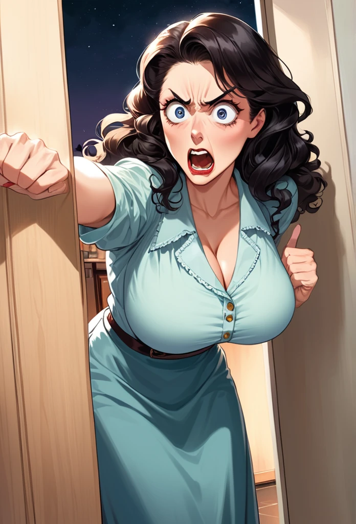detailed illustration (side view),dynamic angle,ultra-detailed, detailed eyes, detailed face, 1girl, night , nightime, stars, 1940’s wife, tight and strained button up blouse and long skirt, anime eyes, lidded eyes, yelling, shouting, angry, standing in kitchen, domestic goddess, black hair, huge breasts, wholesome yet sexy, motherly, nurturing, MILF, glass sliding door, moonscape outside, dark blue eyes, highly detailed eyes, detailed eyes, bright eyes, long hair, wavy hair, red lips, buttons straining, cleavage too big, gaps between buttons, chest busting out, furious, yelling at camera, pointing at camera 