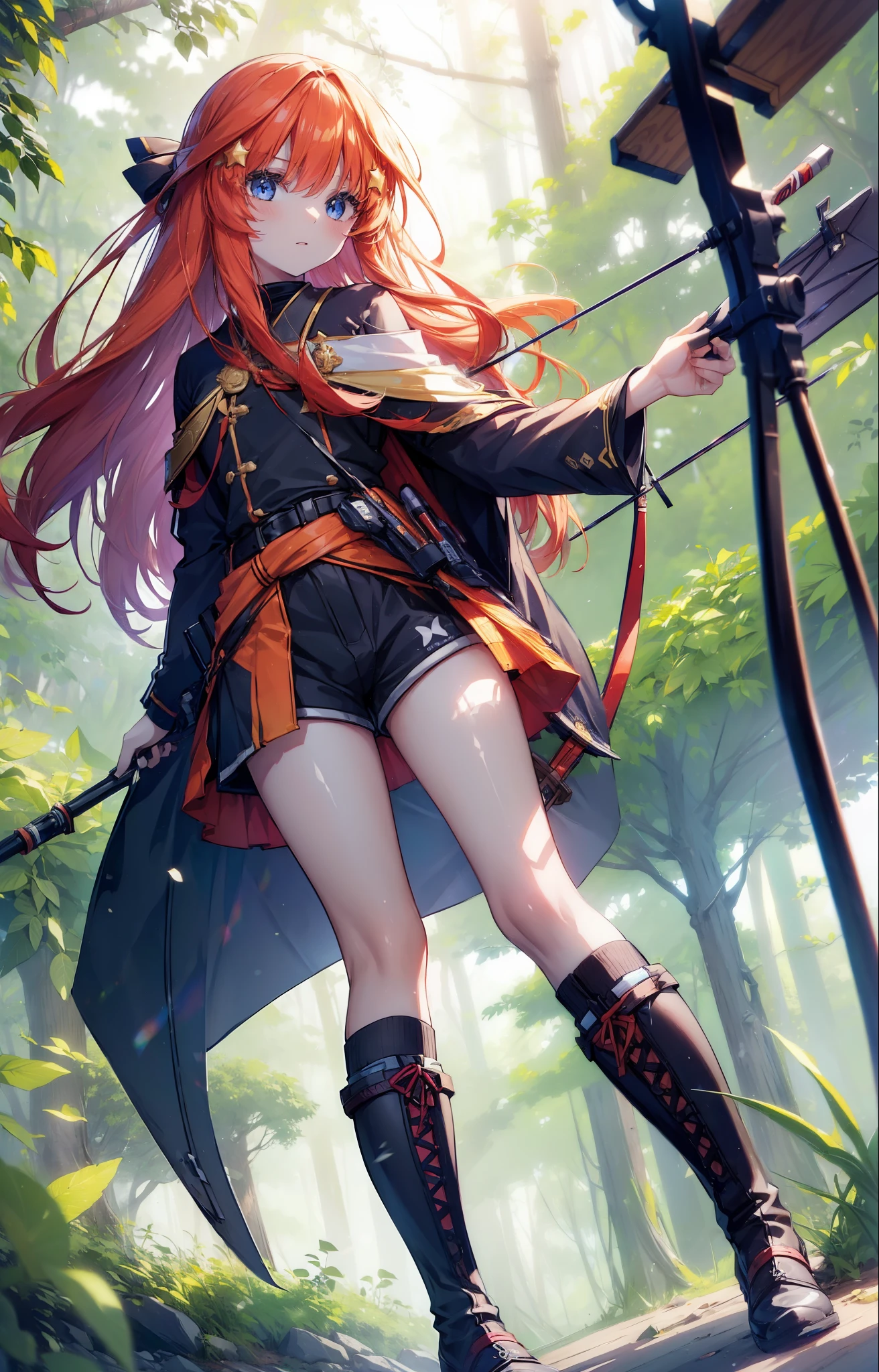 itsukinakano, itsuki nakano, bangs, blue eyes, Hair between the eyes, Redhead, star \(symbol\), hair ornaments, star hair ornaments,Long Hair,Owns an archery grip in the right hand,Carrying an archery bag,He has a quiver on one side, boots, Cape,gloves, red Knee socks, High heels, Shorts, Knee socks,whole bodyがイラストの中に入っていくように,歩いている
break outdoors, forest,forest林, break looking at viewer,whole body, 
break (masterpiece:1.2), Highest quality, High resolution, unity 8k wallpaper, (shape:0.8), (Fine and beautiful eyes:1.6), Highly detailed face, Perfect lighting, Highly detailed CG, (Perfect hands, Perfect Anatomy),