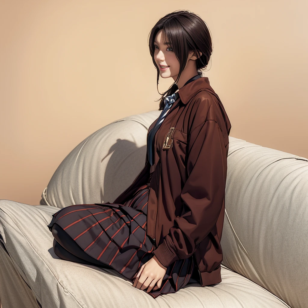 elaizaikedareal,1girl, solo, long hair, looking at viewer, smile, skirt, brown hair, shirt, , jacket, white shirt, cowboy shot, pleated skirt, necktie, striped, cosplay, red necktie
