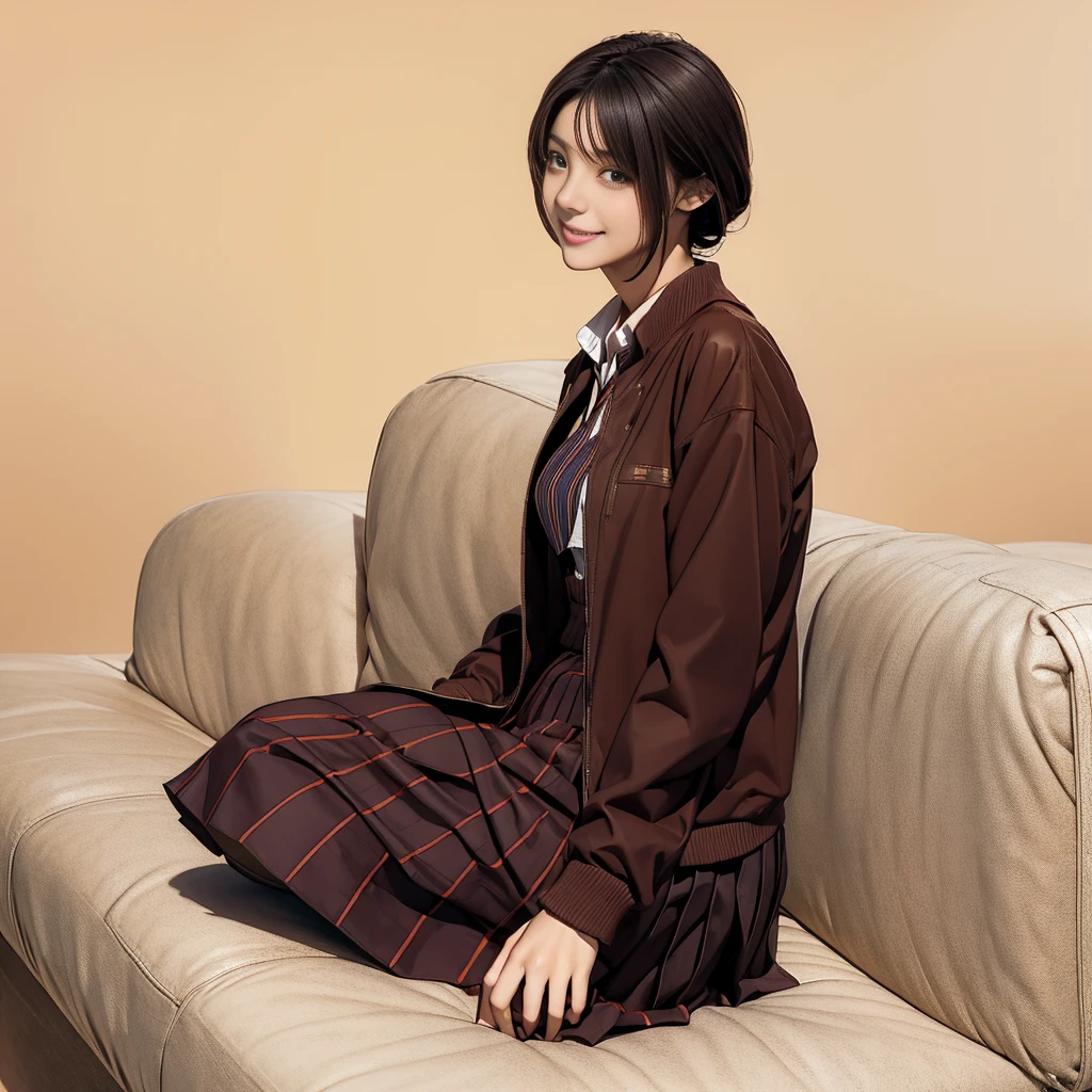 elaizaikedareal,1girl, solo, long hair, looking at viewer, smile, skirt, brown hair, shirt, , jacket, white shirt, cowboy shot, pleated skirt, necktie, striped, cosplay, red necktie