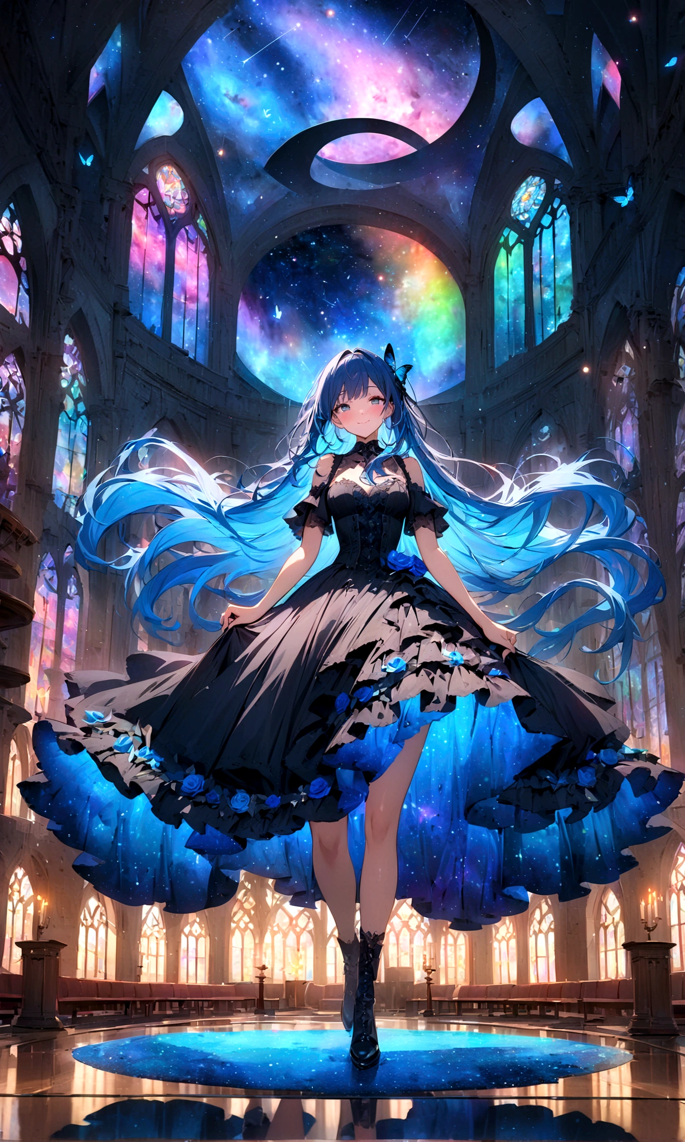 ((masterpiece:1.4)), (best quality), (ultra-detailed), anime style, 1girl, blue hair, long hair, (Gothic dress), musical note, shooting star, space, galaxy, aurora, seven-colored light, (blue rose:1.2), butterfly, constellation, girl riding on a crescent moon, nebula, blue rose petals, stained glass, entire field of stained glass flowers, night, blushing, blush, smile, reflection, planetarium, flowing hair, church, candelabra, dancing patterns.