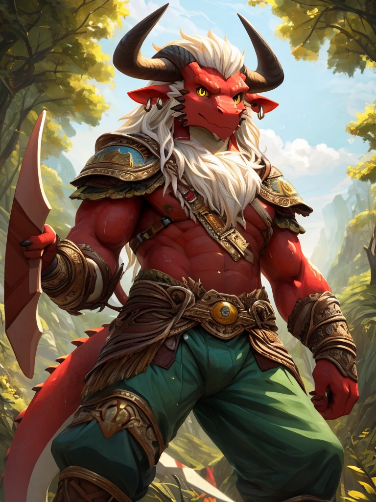 ultra-detailed, masterpiece, masterwork, high quality, best quality, hdr, (nature), nsfw, male, solo, chibi, dragon, ((boomerang pants)), (little red body minotaur), (white body), (long golden hair, yellow eyes, cool eyes), standing, cross your arms, dynamic angle, earrings, sweat