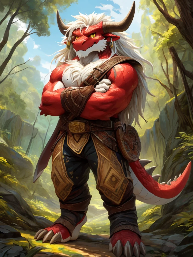 ultra-detailed, masterpiece, masterwork, high quality, best quality, hdr, (nature), nsfw, male, solo, chibi, dragon, ((boomerang pants)), (little red body minotaur), (white body), (long golden hair, yellow eyes, cool eyes), standing, cross your arms, dynamic angle, earrings, sweat