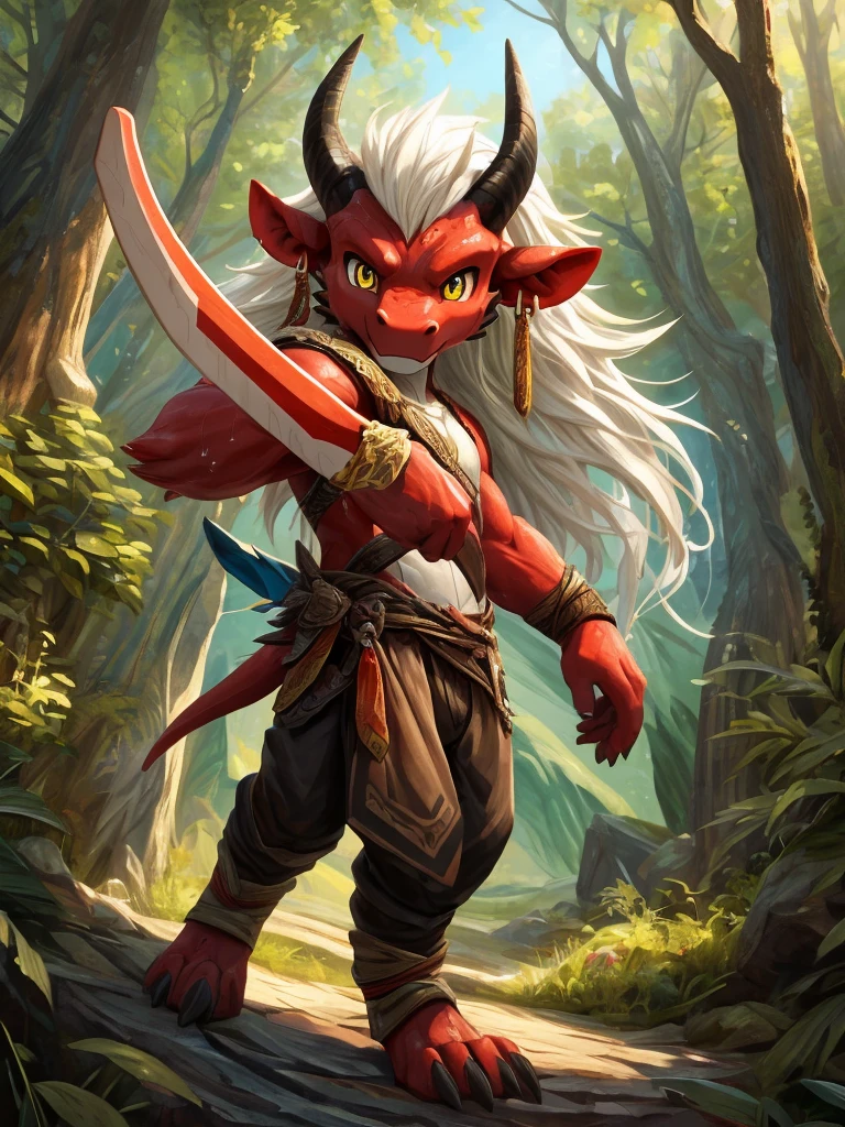 ultra-detailed, masterpiece, masterwork, high quality, best quality, hdr, (nature), nsfw, male, solo, chibi, dragon, ((boomerang pants)), (little red body minotaur), (white body), (long golden hair, yellow eyes, cool eyes), standing, cross your arms, dynamic angle, earrings, sweat