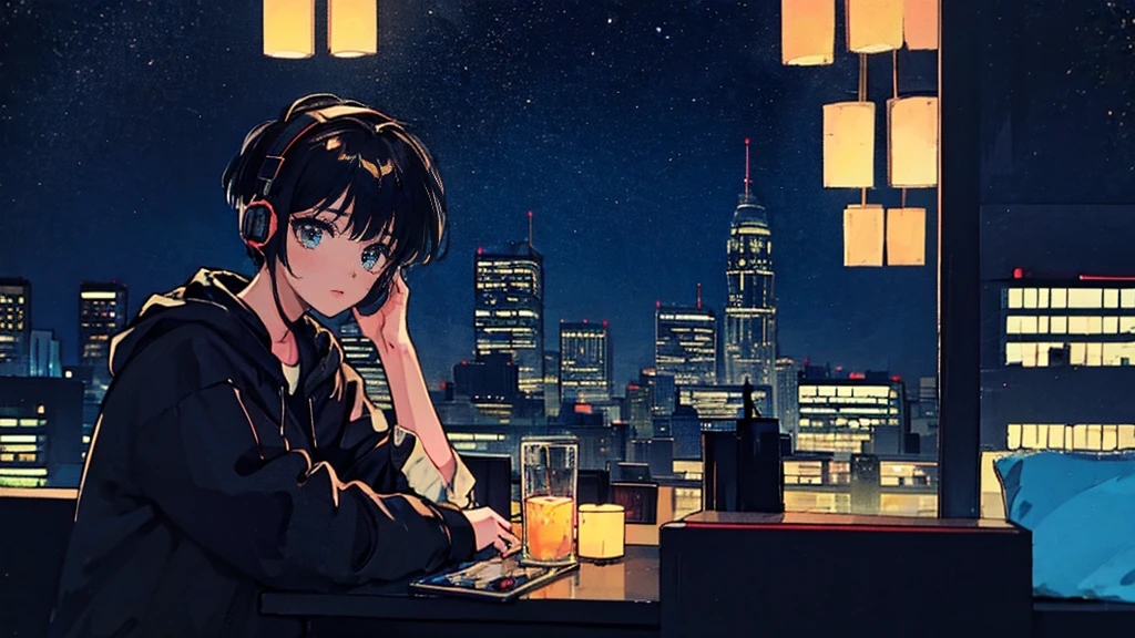 Black short Hair, Black Clothing, One Adult Woman Looking Sideways ,Blue headphones、 City of night, Delicate background、Masterpiece、Night Town、night、dark、Nostalgic、カセットテープ