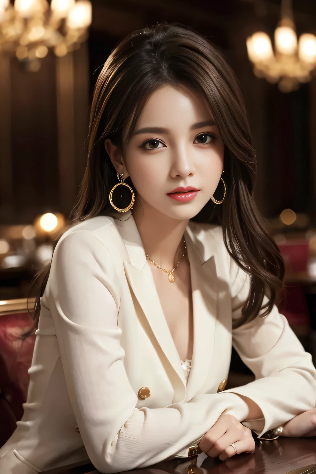 masterpiece, Highest quality, Realistic, Very detailed, Finer details, High resolution, 8k wallpaper, One beautiful woman, Wear a nice suit, In a great restaurant, At night, Light brown messy hair, Perfect dynamic composition, Beautiful and beautiful eyes、Big earrings、Sit on a chair、