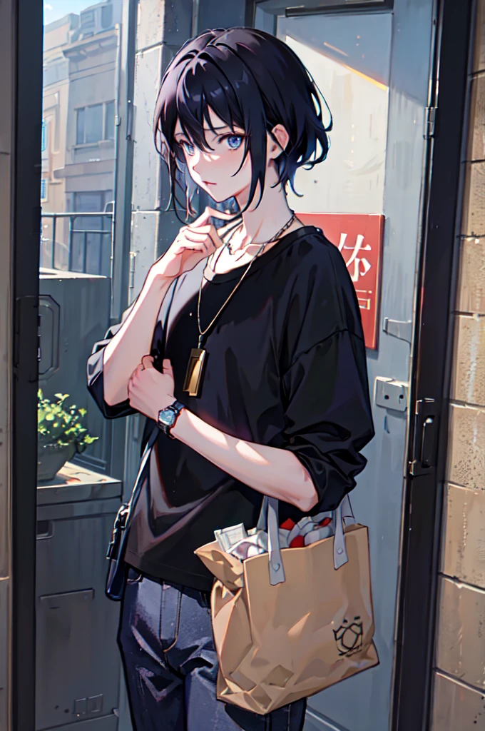 1boy, apple, bag, bangs, berry, black hair, black shirt, blue eyes, hair between eyes, jewelry, leaf, looking at viewer, male focus, necklace, pants, shirt, solo, watch, white pants, wristwatch, messy hair, trending on artstation, 8k resolution, highly detailed, anatomically correct, sharp image, digital painting, concept art, trending on pixiv, style of makoto shinkai,