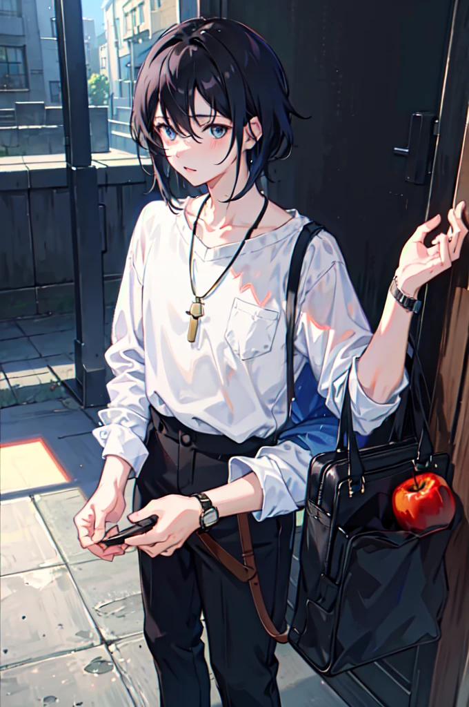 1boy, apple, bag, bangs, berry, black hair, black shirt, blue eyes, hair between eyes, jewelry, leaf, looking at viewer, male focus, necklace, pants, shirt, solo, watch, white pants, wristwatch, messy hair, trending on artstation, 8k resolution, highly detailed, anatomically correct, sharp image, digital painting, concept art, trending on pixiv, style of makoto shinkai,