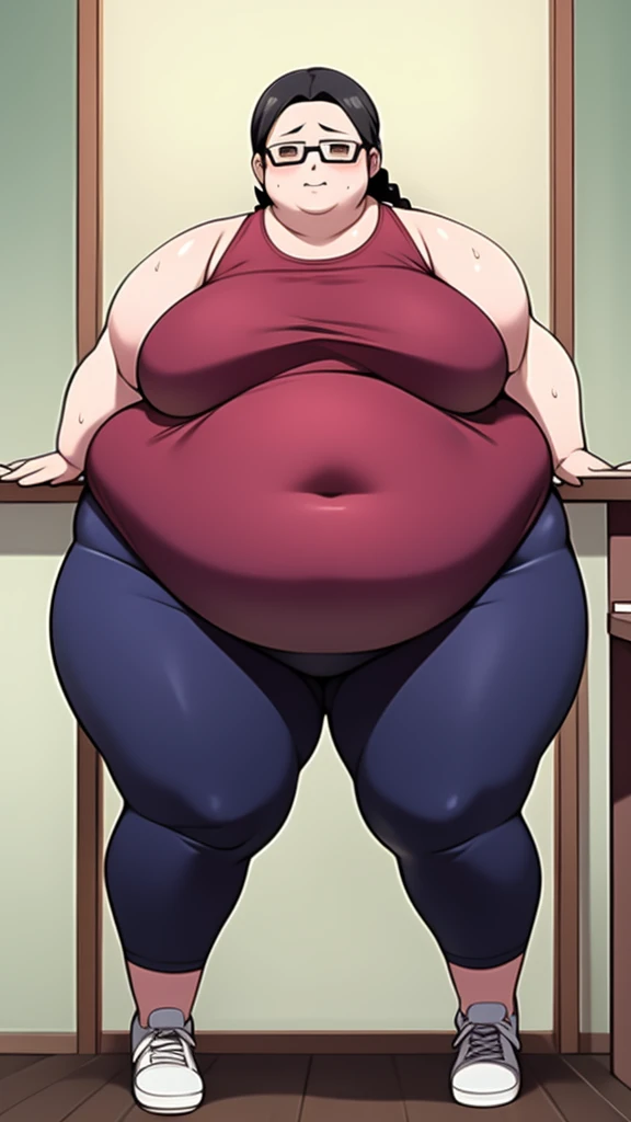 Anime Women, Lady、Detailed face、Forehead、Black Hair、Braid、Glasses、Hanging eyes、Brown eyes、Are fat、Chubby、Voluptuous、obesity、Double chin、Cheek、Fat-covered neck、Big Breasts、Saggy breasts、Thick upper arms、thick fingers、Fat Belly、Sagging belly、Thick legs、Fat all over the body、tall、Bodysuits、sneakers、Sweat、Embarrassed、Exercising