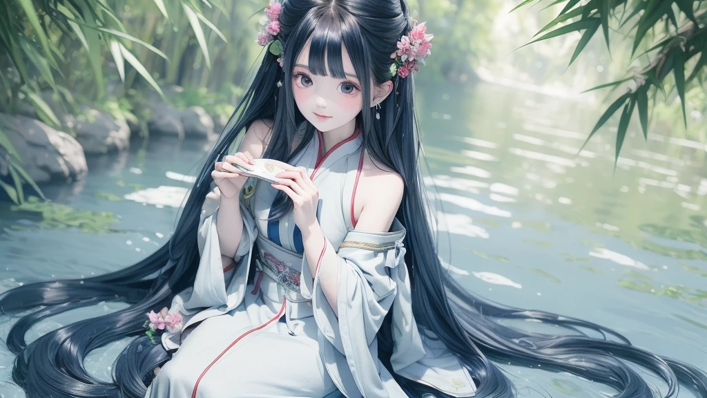 masterpiece, best quality, official art, 8k wallpaper, highly detailed, illustration, 1 girl, Azure hair, long hair, detailed eyes, forrest, bare shoulders, hanfu,lakes, pure, soft smile,bamboo,Tea
