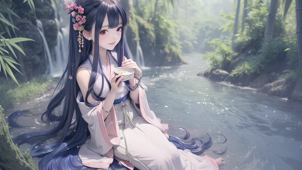 masterpiece, best quality, official art, 8k wallpaper, highly detailed, illustration, 1 girl, Azure hair, long hair, detailed eyes, forrest, bare shoulders, hanfu,lakes, pure, soft smile,bamboo,Tea