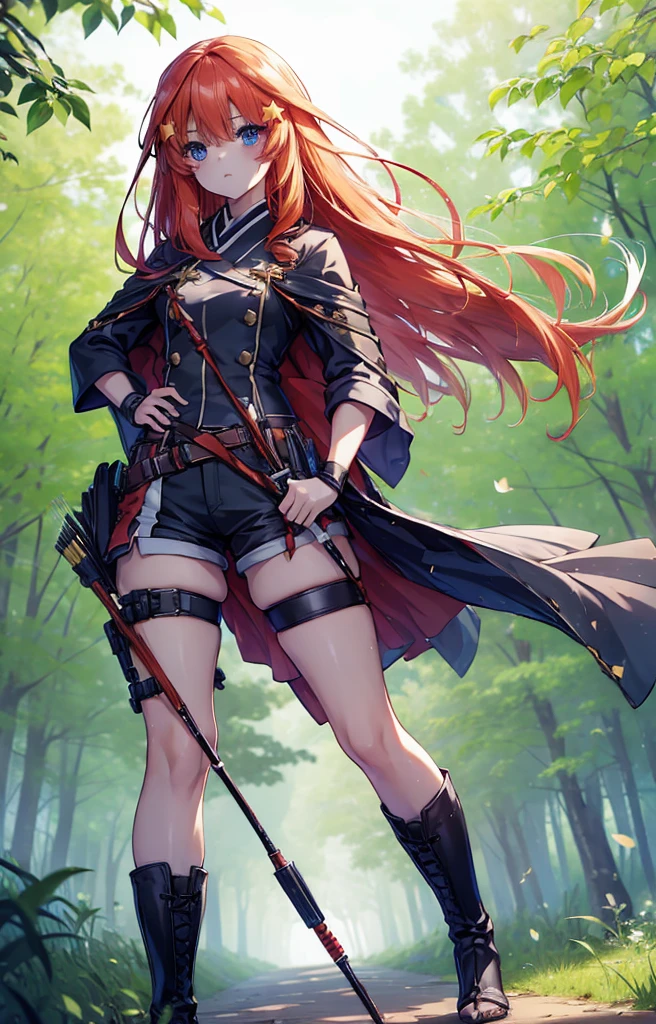 itsukinakano, itsuki nakano, bangs, blue eyes, Hair between the eyes, Redhead, star \(symbol\), hair ornaments, star hair ornaments,Long Hair,Owns an archery grip in the right hand,Carrying an archery bag,He has a quiver on one side, boots, Cape,gloves, red Knee socks, High heels, Shorts, Knee socks,whole bodyがイラストの中に入っていくように,歩いている
break outdoors, forest,forest林, break looking at viewer,whole body, 
break (masterpiece:1.2), Highest quality, High resolution, unity 8k wallpaper, (shape:0.8), (Fine and beautiful eyes:1.6), Highly detailed face, Perfect lighting, Highly detailed CG, (Perfect hands, Perfect Anatomy),