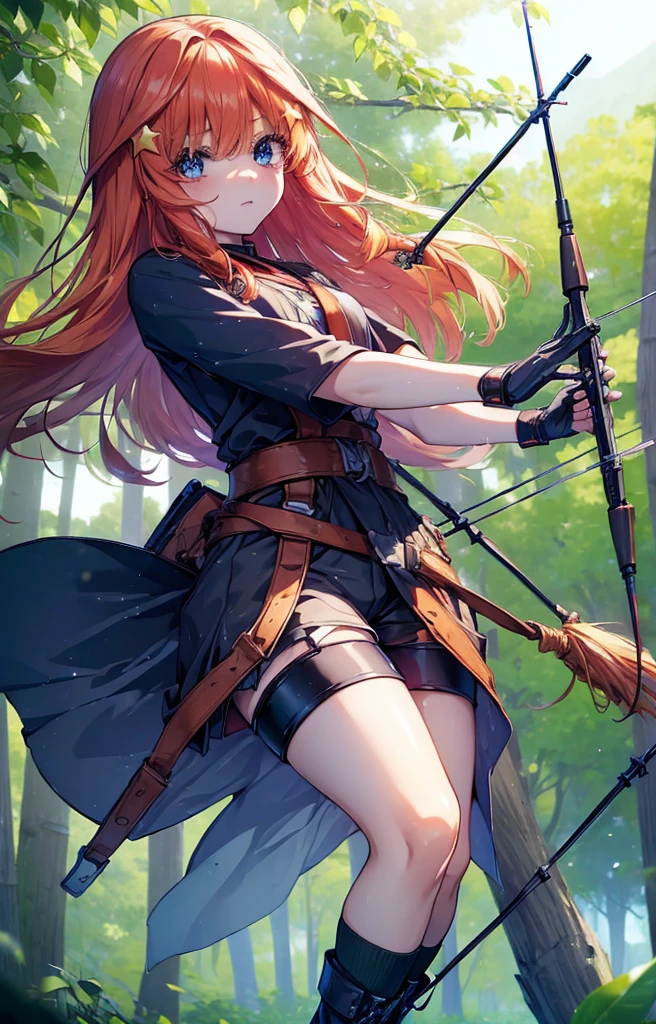 itsukinakano, itsuki nakano, bangs, blue eyes, Hair between the eyes, Redhead, star \(symbol\), hair ornaments, star hair ornaments,Long Hair,Owns an archery grip in the right hand,Carrying an archery bag,He has a quiver on one side, boots, Cape,gloves, red Knee socks, High heels, Shorts, Knee socks,whole bodyがイラストの中に入っていくように,歩いている
break outdoors, forest,forest林, break looking at viewer,whole body, 
break (masterpiece:1.2), Highest quality, High resolution, unity 8k wallpaper, (shape:0.8), (Fine and beautiful eyes:1.6), Highly detailed face, Perfect lighting, Highly detailed CG, (Perfect hands, Perfect Anatomy),