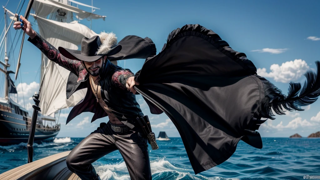 masterpiece, best quality, extremely detailed, hyperrealistic, photorealistic, a cool 40s man, ultra detailed face:1.3, black hat with feathers, on detailed yacht, sea, laughing, standing, holding long black sword, dynamic pose