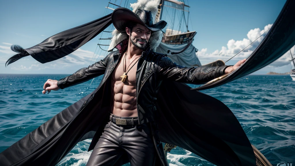 masterpiece, best quality, extremely detailed, hyperrealistic, photorealistic, a cool 40s man, ultra detailed face:1.3, black hat with feathers, on detailed yacht, sea, laughing, standing, holding long black sword, dynamic pose
