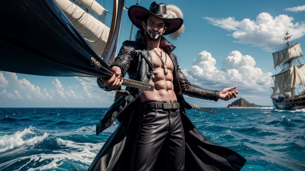 masterpiece, best quality, extremely detailed, hyperrealistic, photorealistic, a cool 40s man, ultra detailed face:1.3, black hat with feathers, on detailed yacht, sea, laughing, standing, holding long black sword, dynamic pose