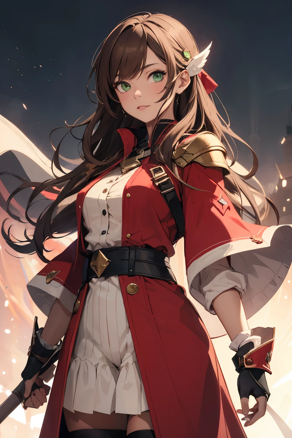 Girl with long light brown hair and green eyes wearing a red mage outfit and using red light magic 