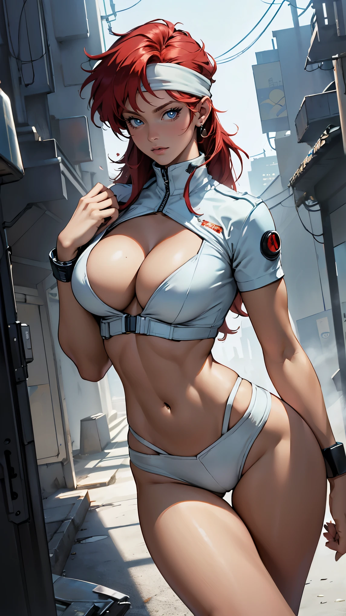 ((Masterpiece, highest quality; 1.3)), super quality, beautiful detail, super detailed, extra fine, 16K, exquisite, absurd, high resolution, beautiful background, detailed background, beautiful eyes, beautiful skin, anime style, Kay from Dirty Pair in a white outfit, tight outfit, cleavage, bushy redhead beauty, very light blue uniform, wearing tight clothes, skimpy, (mid chest: 1.2), cleavage, cleavage, slim waist , thin waist, slim thighs, thin legs, slim legs. thigh gap, showing stomach, skinny, thin hips, cyberpunk city background, holding retro space gun , headband, 