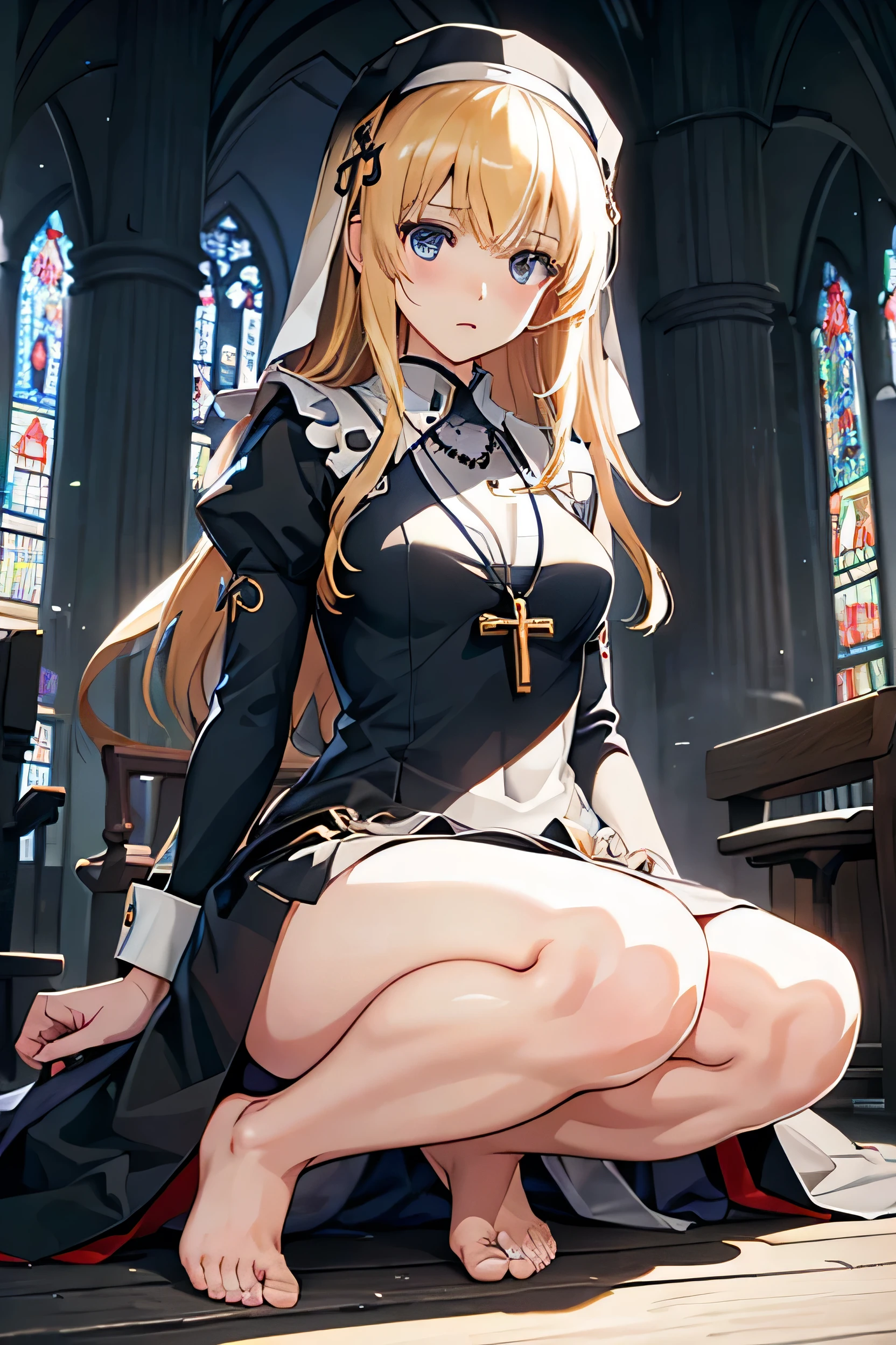 score_9、score_8_up、score_7_up、Source Anime、Rating Safe、Very intricate stained glass background、Intricate details、Anime Screencaps、Official Style、、Maria、Blonde Hair、blue eyes、Nuns、Habit、Black Dress、necklace、Medium Breasts、Looking at the viewer、Hip、whole body、sitting in church、Mature Woman、blush、Sad expression、barefoot、Open your mouth、Five Fingers、(Feet Focus、From below、Five Fingers:1.3、Detailed feet、only)、(Sole)、Hands to the side、