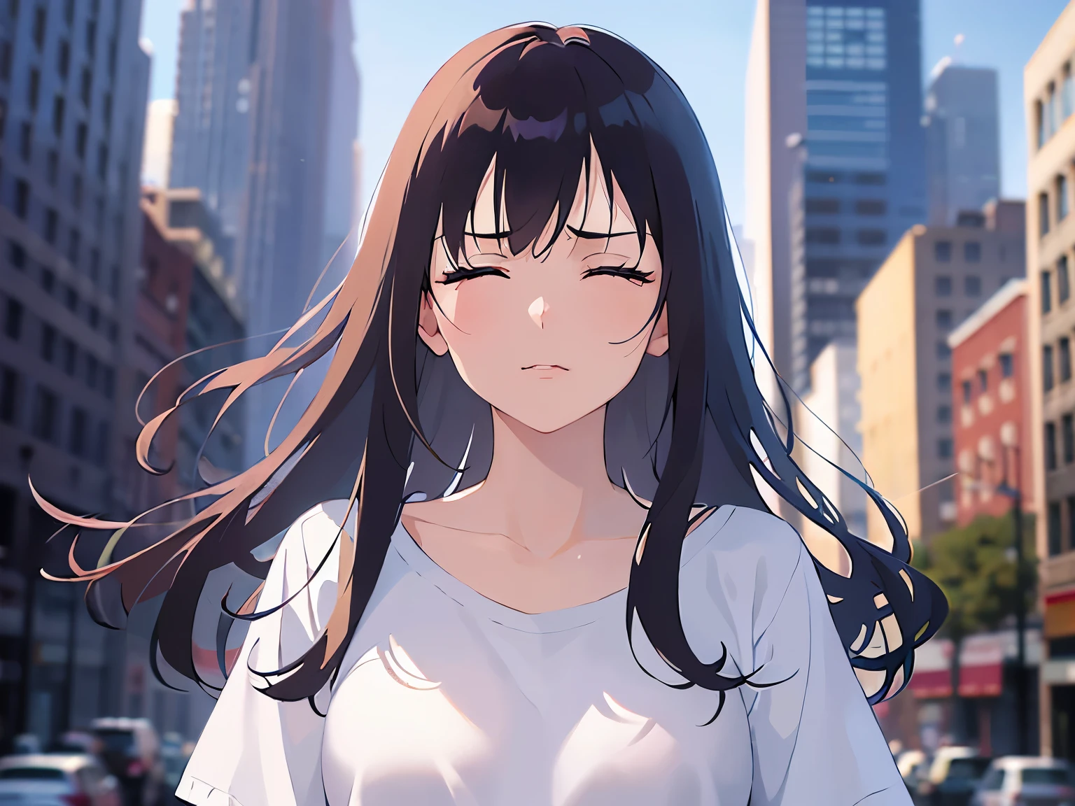 Detailed CG, Ultra-fine illustrations,masterpiece,highest quality, AW Photos,(Pale skin:1.2),Shiny skin Shiny Hair,(A 26-year-old woman with straight hair and bangs)and(Medium Hair)and(Black Hair)and(Purple eyes),BREAK(White T-shirt:1.5)BREAK,(angry:1.3),(closed eyes:1.5),(trembling),The background is the city,alone,(Biologically correct5Fingesurprised)and(missing fingers)