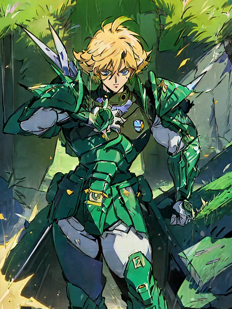 (masterpiece, high quality, 32k animation quality, anime style, super detailed, 1980s /(style/), retro art style, perfect anatomy), ((Korin Seiji)), 1 male, solo, distinct art style, beautiful face, (blonde hair, short hair, messy hair, asymmetrical parting, front and back hair), (beautiful eyes detailed), blue eyes, straight face, (huge chest: 1.2, green armor, Korin armor), slim waist: 1.0, wide hips 1.4, (waist armor, Korin, realistic, super detailed), (standing, holding a katana), looking at the viewer, (cave background, on a rock), (front view), holding a katana in hand, score_10_up, score_9_up, score_8_up, score_7_up, score_6_up,